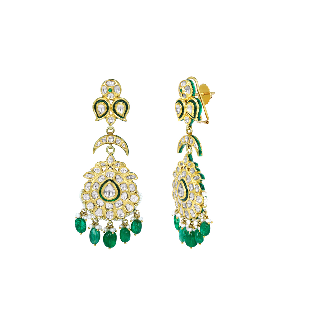 Polki Earrings with Green Enamel, Pearl Beads and Emerald Drops